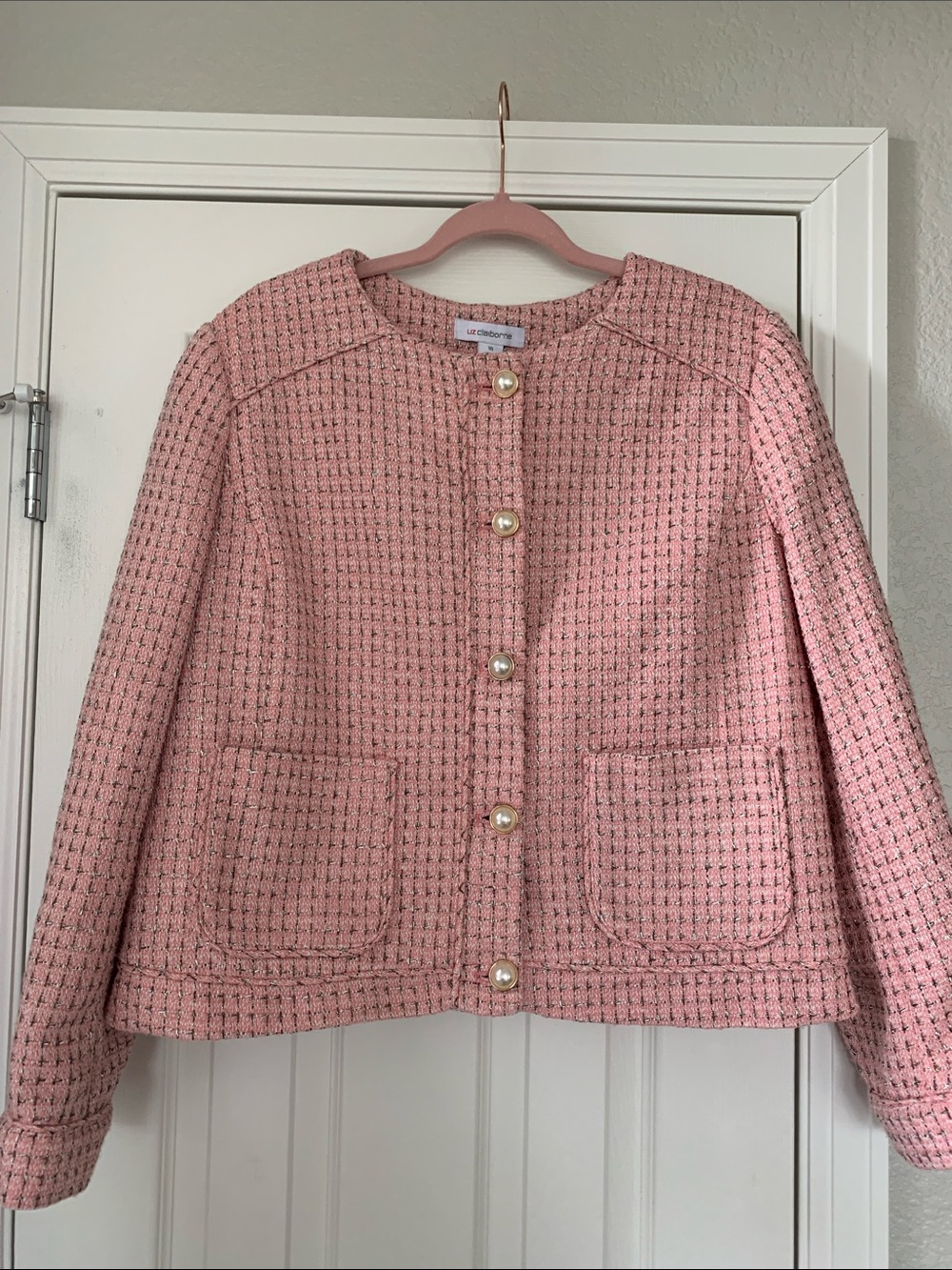 LIZ Claiborne Pink Tweed Pearl Button Jacket – Classic Chic Blazer Style